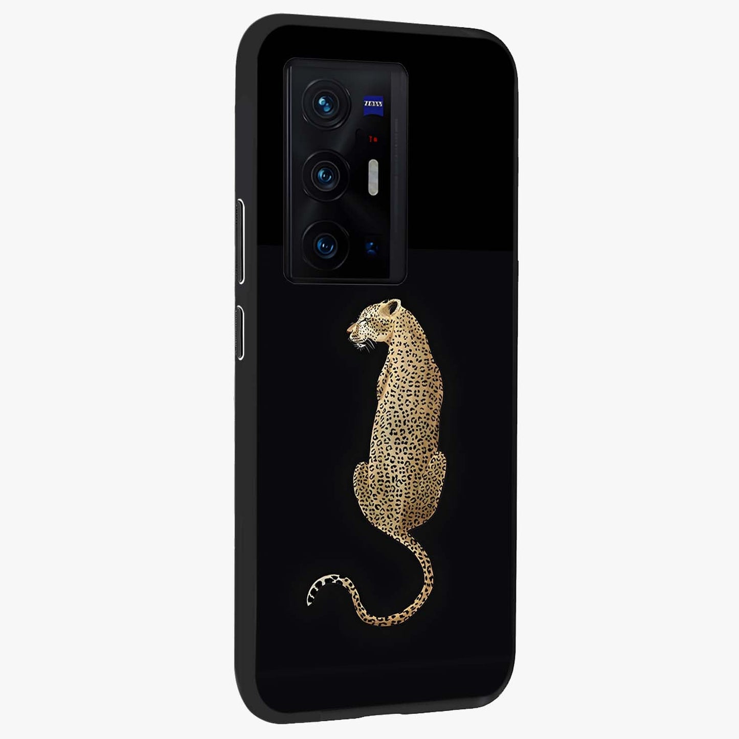 Regal Leopard Glass Case upright view showcasing striking leopard artwork with fierce wildlife theme.