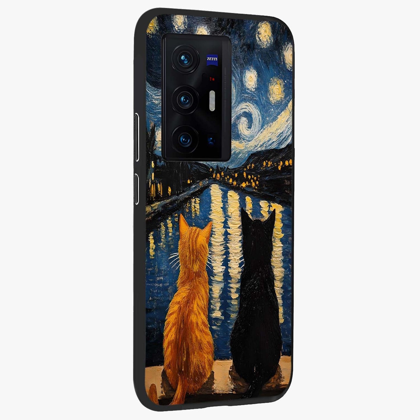 Starry River Cats Glass Case upright view showcasing adorable cat artwork with magical river and stars theme.