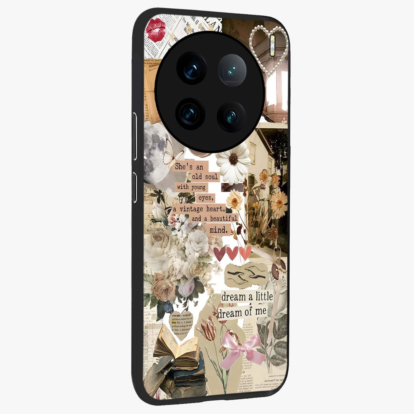 Aesthetic Brown Vintage Collage Glass Case upright view showcasing nostalgic retro artwork with stylish vintage theme.