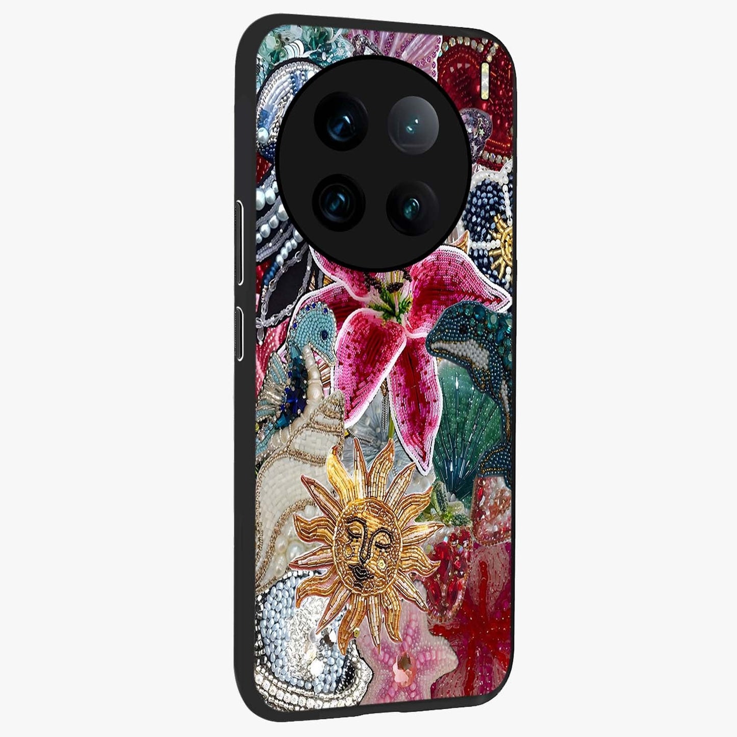 Beaded Garden Fantasy Glass Case upright view showcasing whimsical garden aesthetic with artistic bead details.