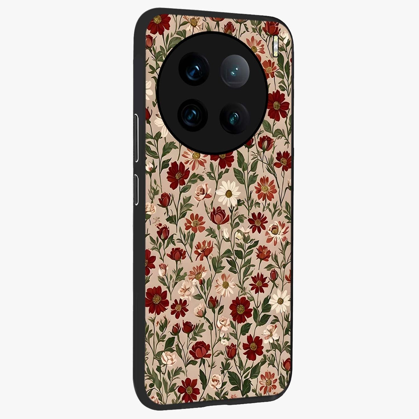 Biege Flower With Leaf Glass Case upright view showcasing delicate beige flower illustration with clean botanical style.
