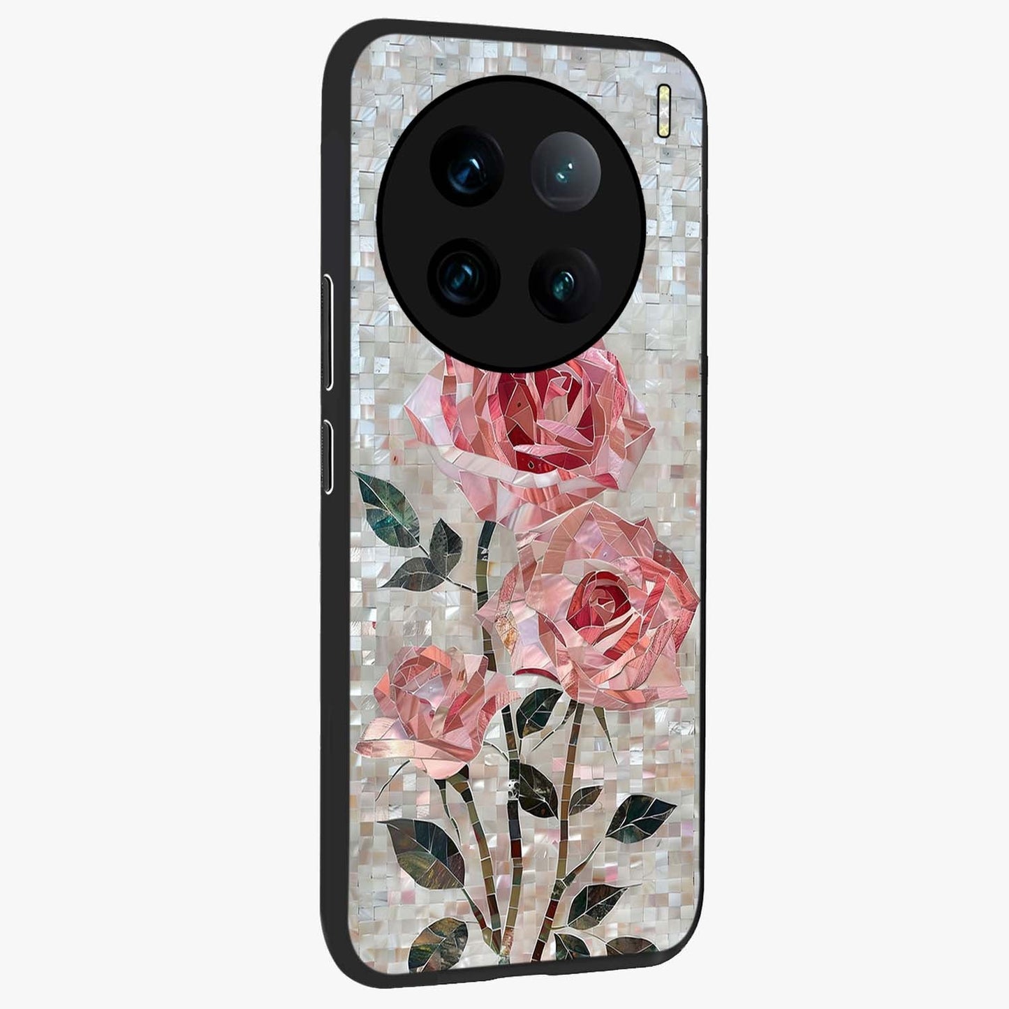 Blush Mosaic Bloom Glass Case upright view showcasing decorative floral mosaic artwork with stylish modern aesthetic.