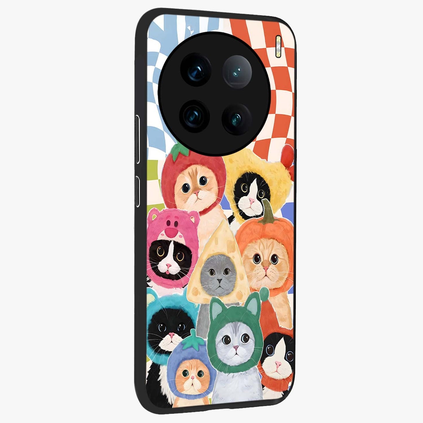 Cats in Fruits Glass Case upright view showcasing charming cat artwork with fun fruity theme.