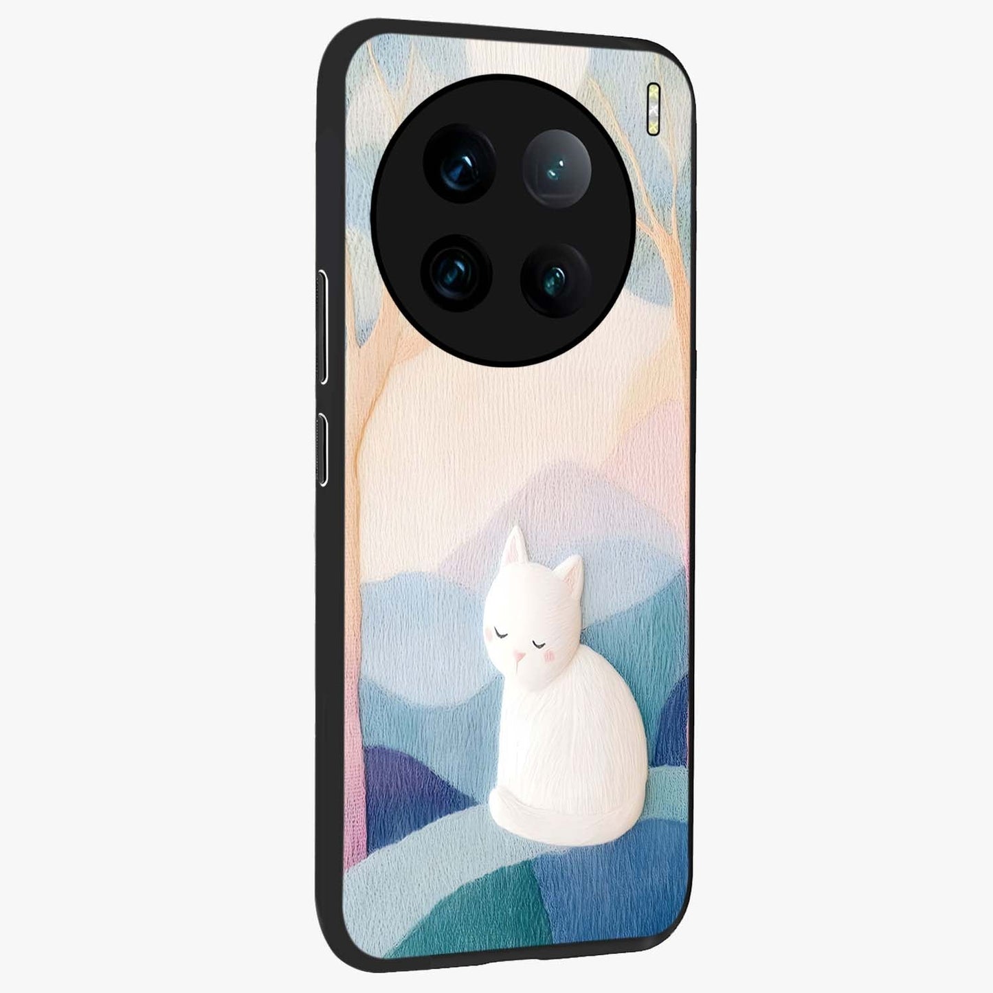 Cotton Dream Cat Glass Case upright view showcasing charming cat artwork with cozy dreamy theme.