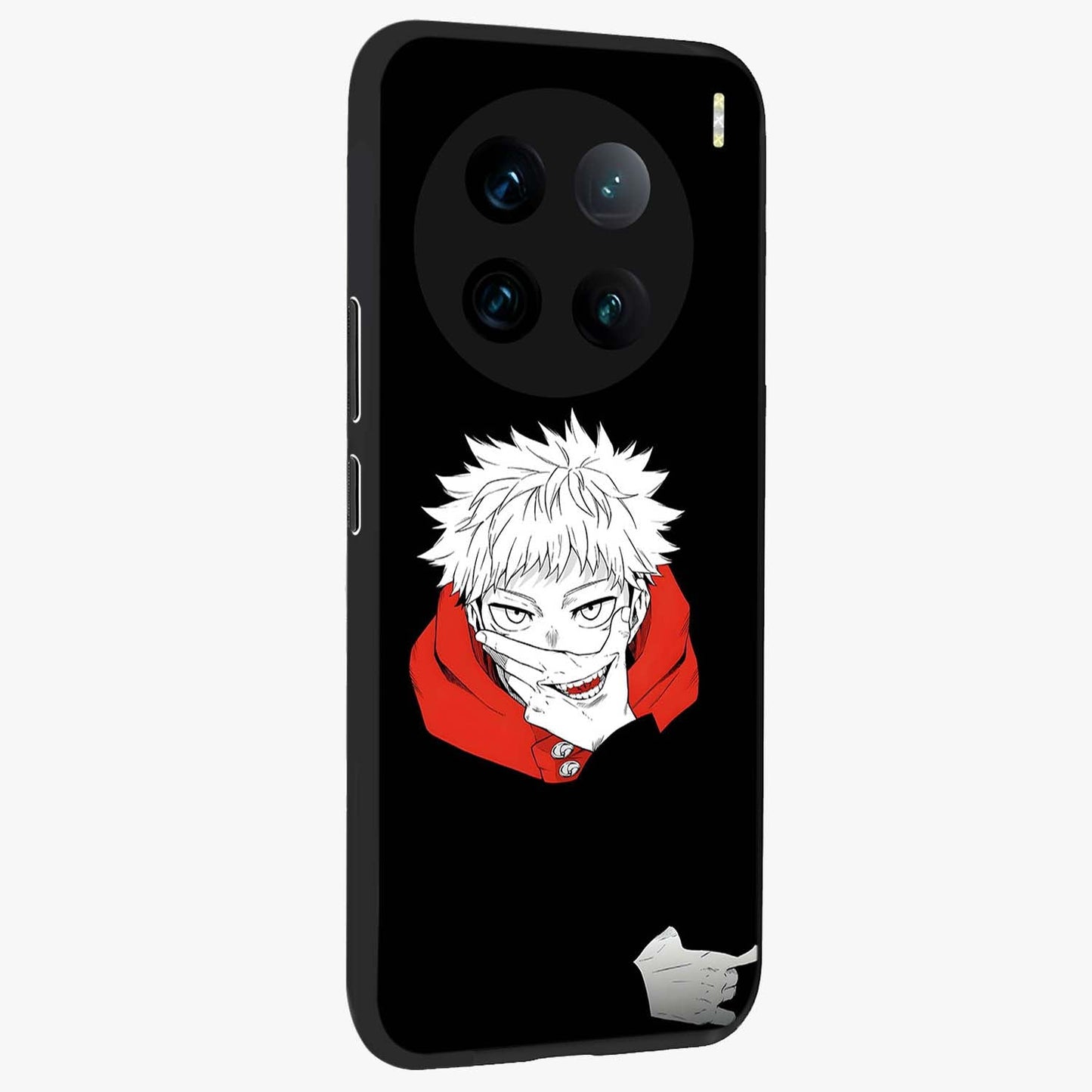 Crimson Chaos Smile Glass Case upright view showcasing expressive chaotic artwork with striking visual theme.