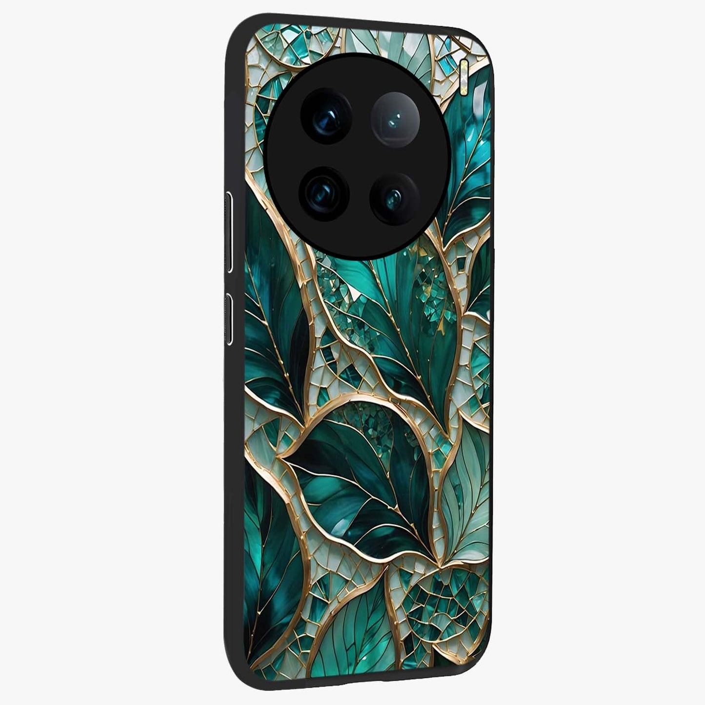 Emerald Leaf Glass Glass Case upright view showcasing fresh green leaf artwork with calming nature inspired style.