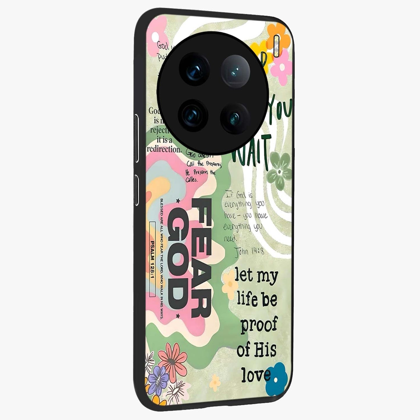Faith Over Fear Glass Case upright view showcasing bold typography artwork with uplifting motivational theme.