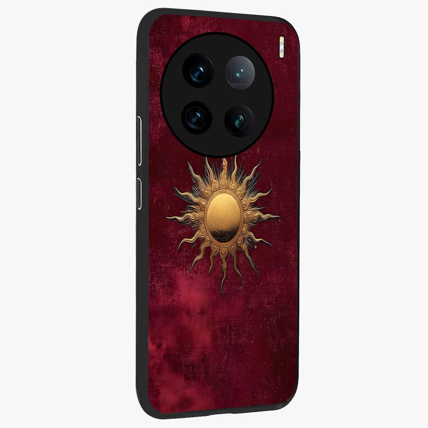 Golden Sun Minimalism Glass Case upright view showcasing simple golden sun artwork with elegant minimalist style.