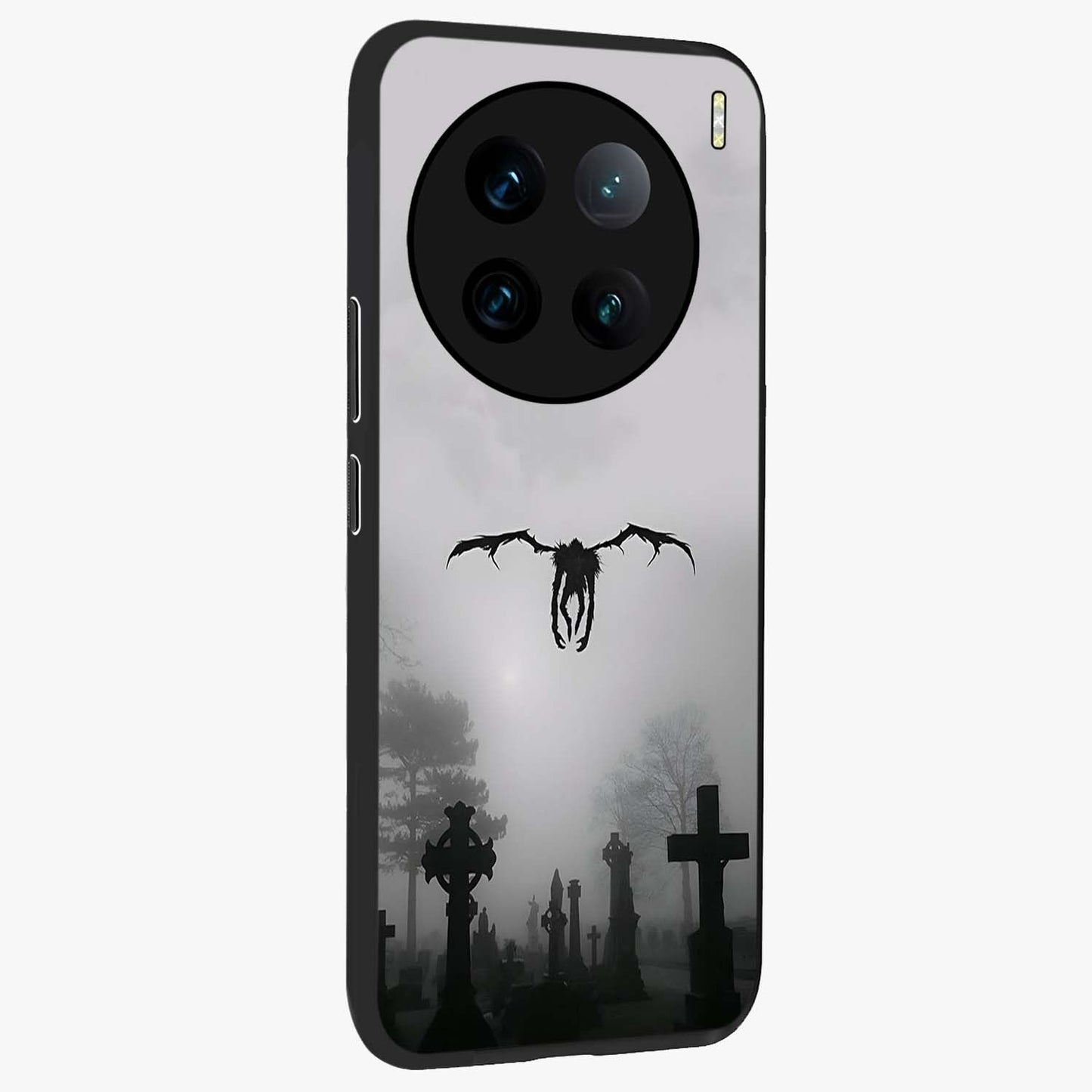 Graveyard Shadow Descent Glass Case upright view showcasing haunting graveyard artwork with dramatic dark theme.
