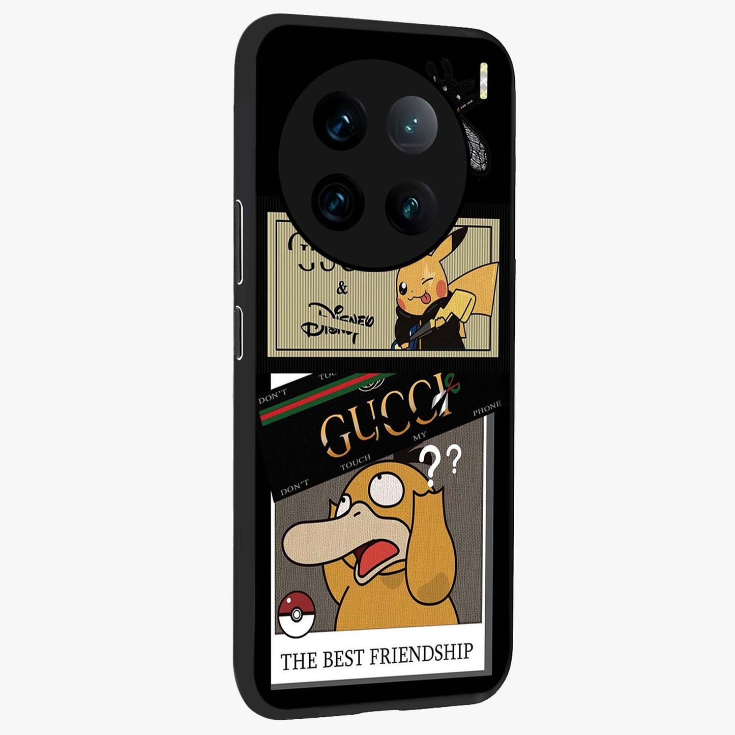 Gucci Play Mashup Glass Case upright view showcasing trendy luxury inspired artwork with modern fashion theme.