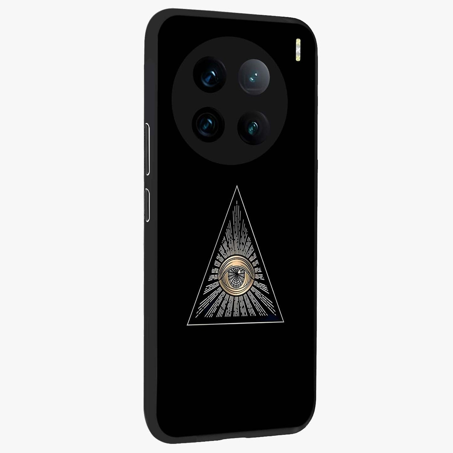 Illuminati Evil Glass Case upright view showcasing striking illuminati artwork with mysterious symbolic theme.