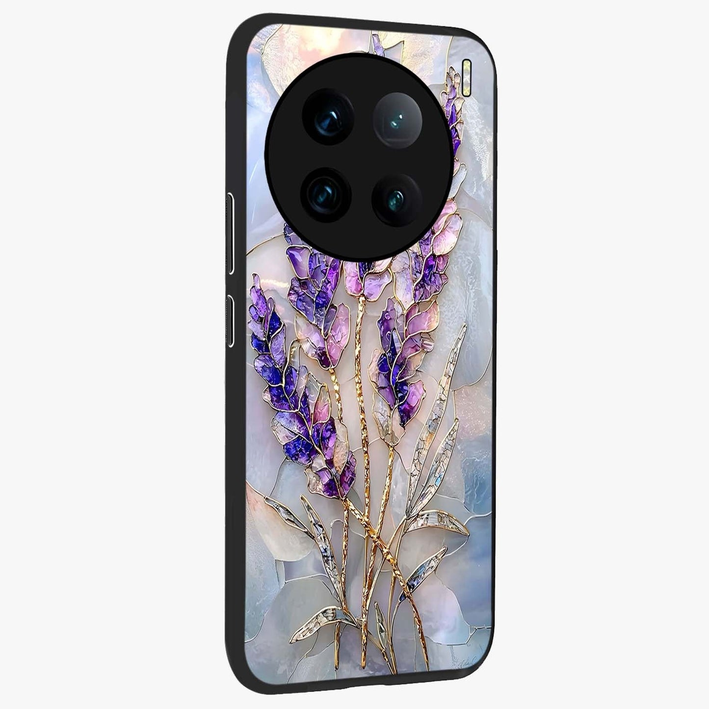 Lavender Dream Glow Glass Case upright view showcasing radiant lavender glow artwork with calming dreamy theme.