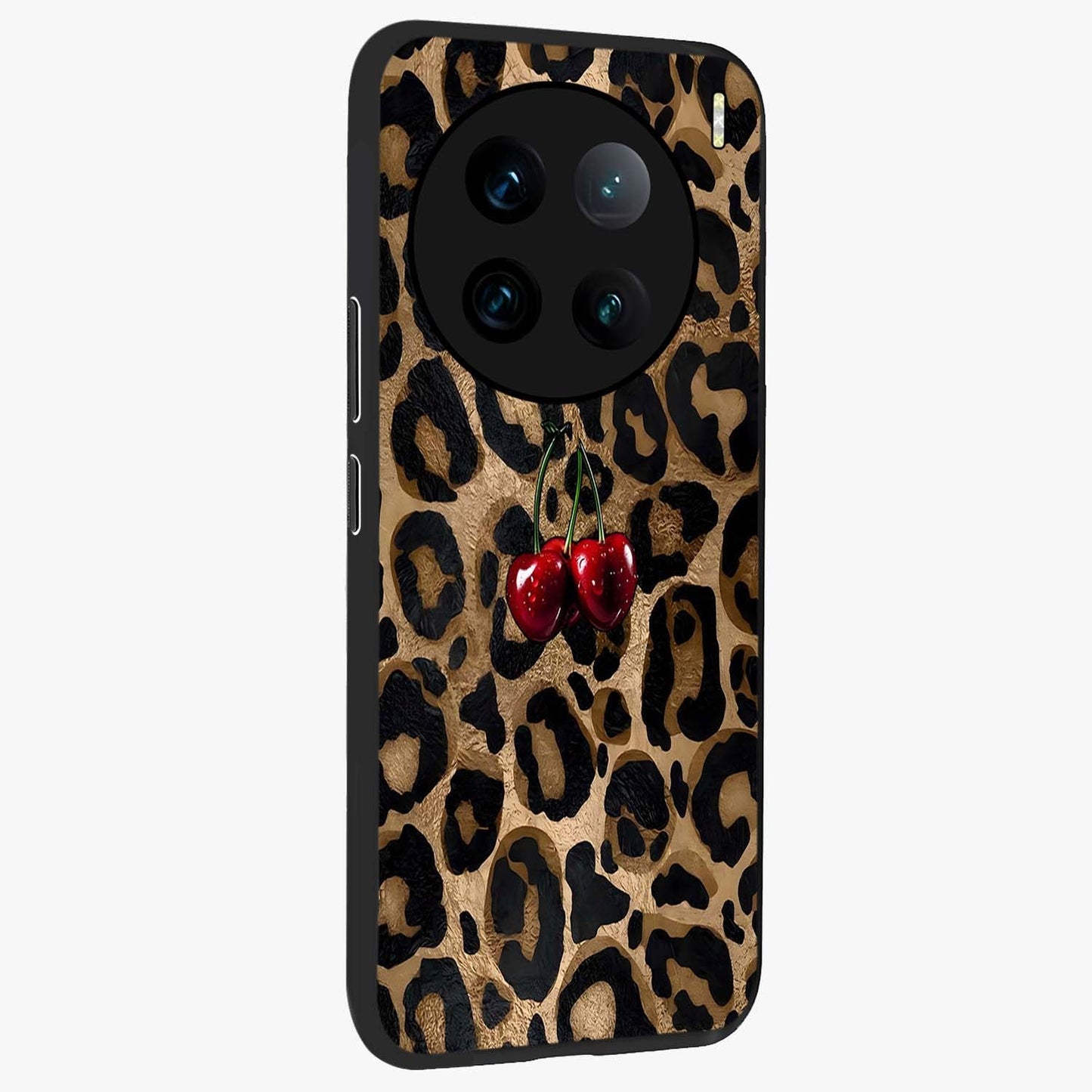 Leopard Wild Cherry Glass Case upright view showcasing stylish leopard pattern artwork with trendy fashion theme.
