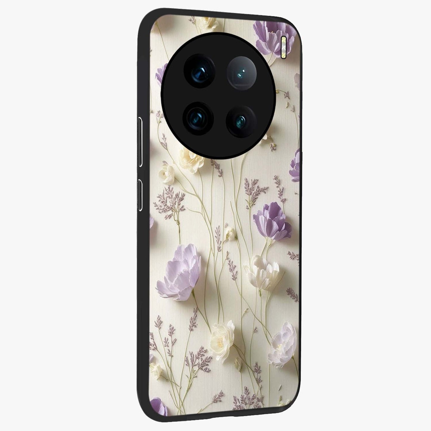 Lilac Breeze Harmony Glass Case upright view showcasing delicate lilac artwork with peaceful floral theme.