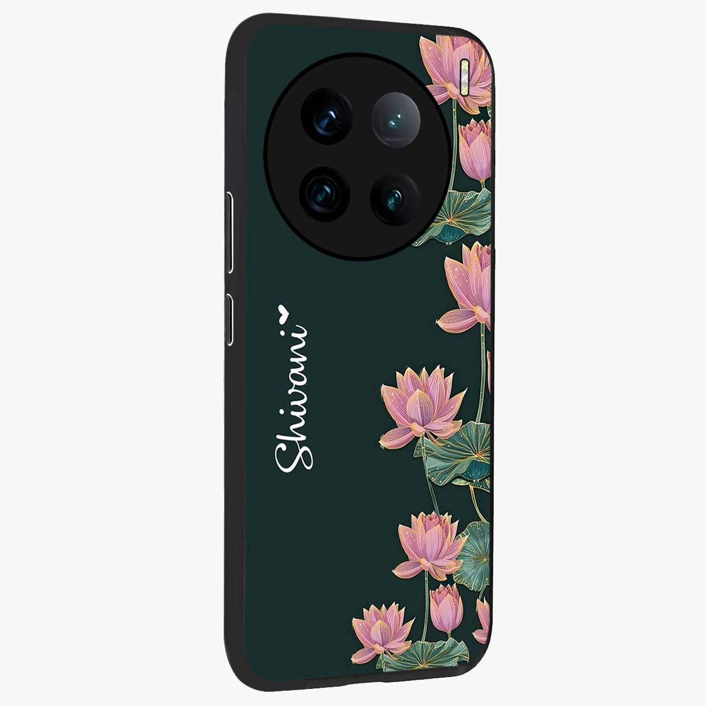 Lotus Bloom Serenity Custom Name Glass Case upright view showcasing serene lotus bloom artwork with personalized floral aesthetic.