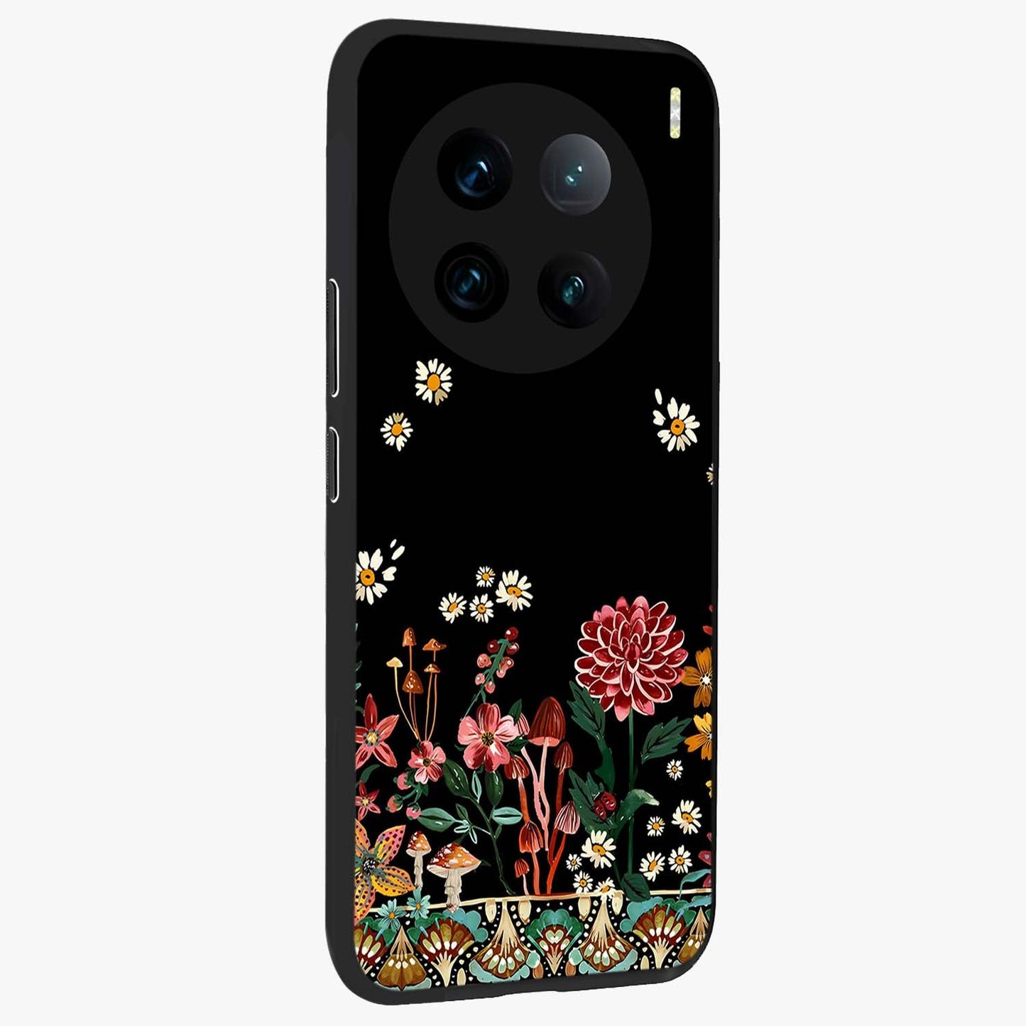 Midnight Bloom Pattern Glass Case upright view showcasing decorative floral artwork with deep night themed palette.