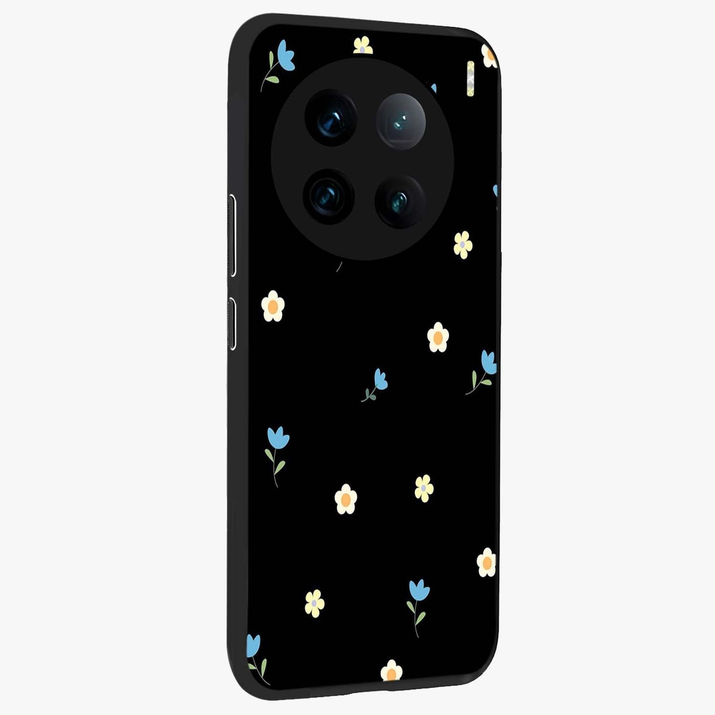 Minimal Petal Whispers Glass Case upright view showcasing elegant floral artwork with modern minimalist style.