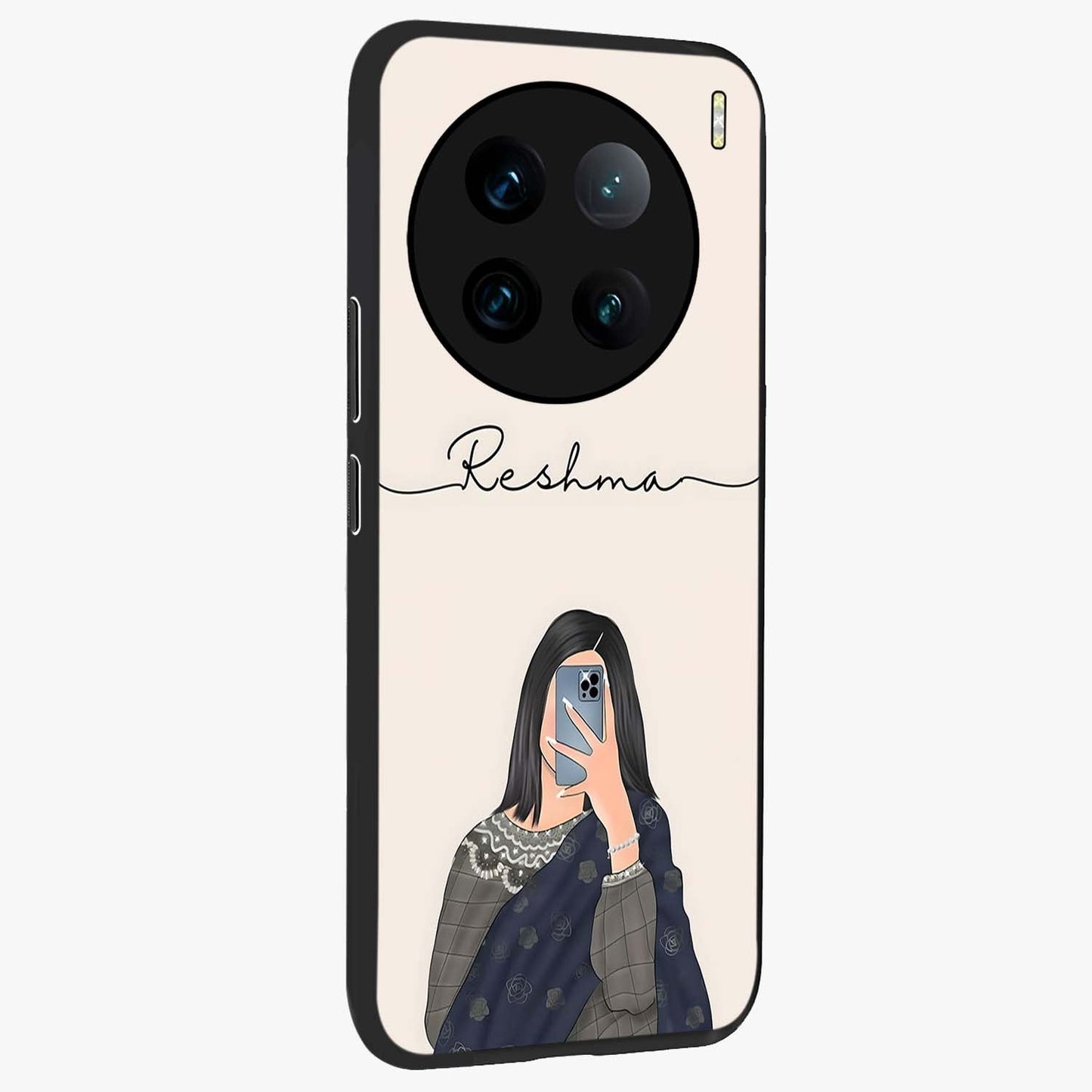 Mirror Mood Muse With Custom Name Glass Case upright view showcasing artistic mirror themed artwork with personalized aesthetic.