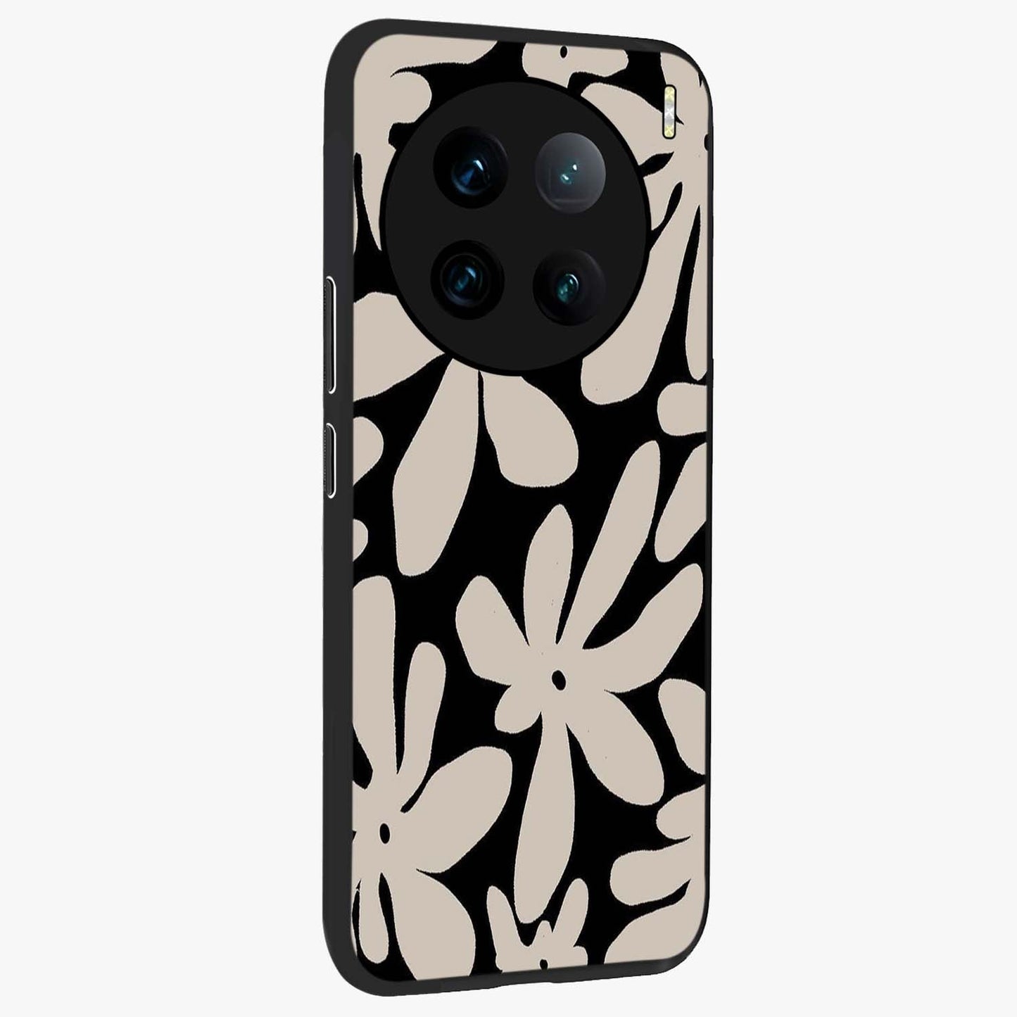 Monochrome Petal Dance Glass Case upright view showcasing artistic floral pattern with stylish monochrome theme.