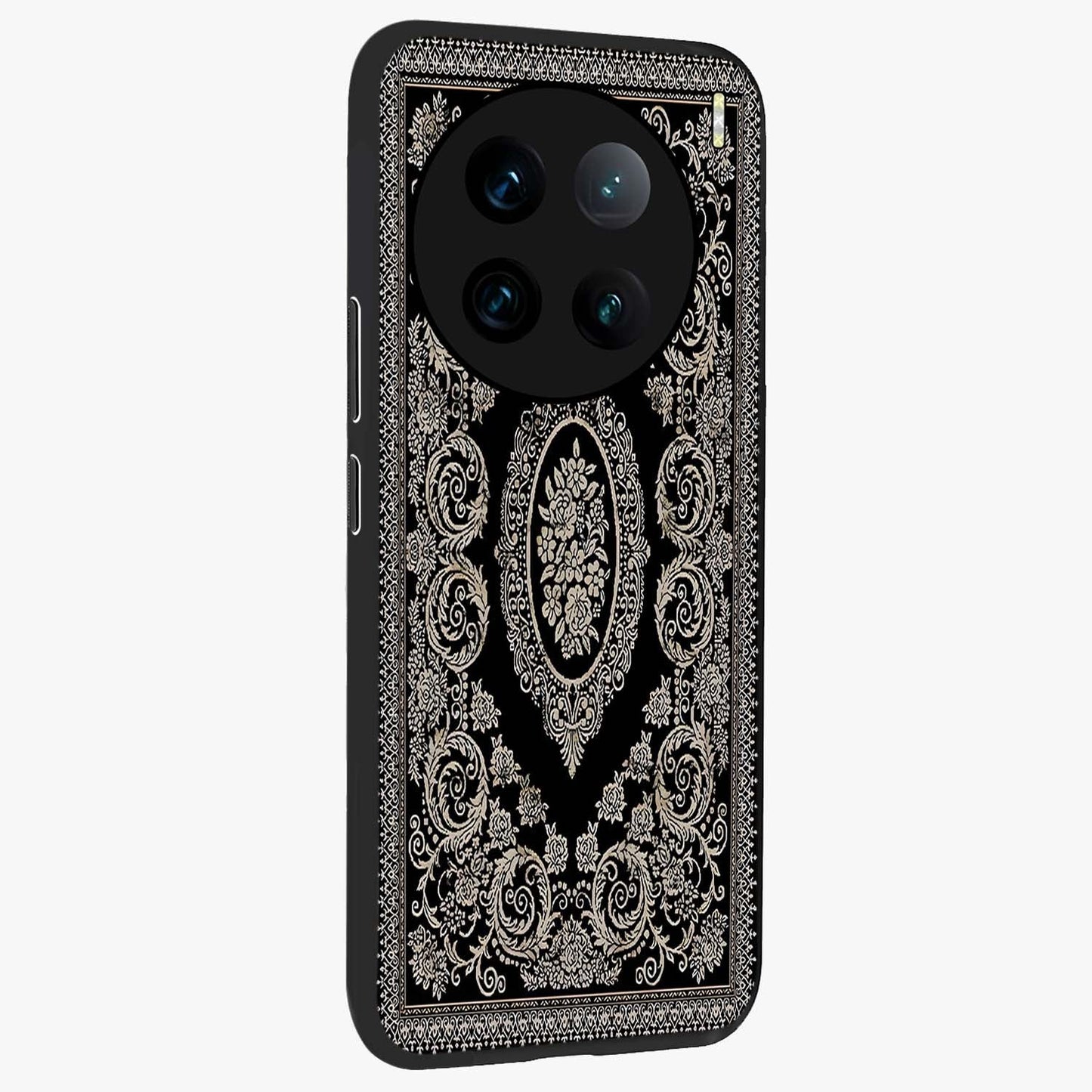 Noir Bloom Elegance Glass Case upright view showcasing graceful floral artwork with luxurious dark theme.