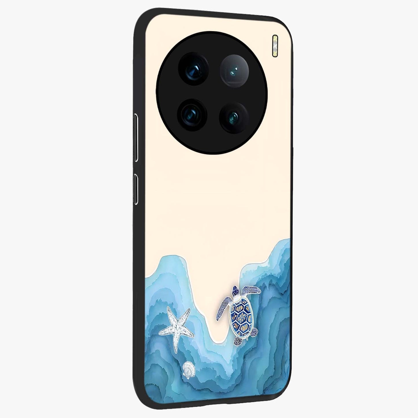 Ocean Drift Turtle Glass Case upright view showcasing calm underwater turtle artwork with nature inspired theme.