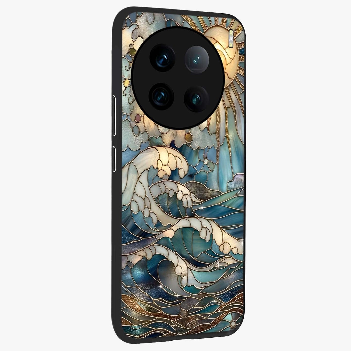 Oceanic Stained Printed Glass Case upright view showcasing decorative ocean pattern artwork with vibrant marine theme.