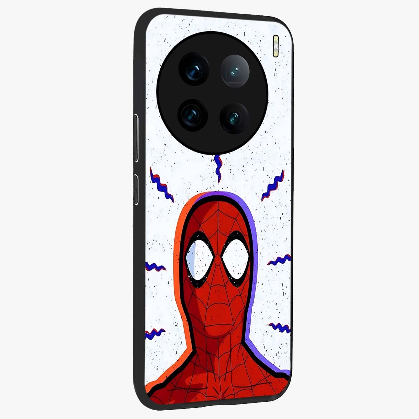 Omg Spiderman Glass Case upright view showcasing energetic superhero artwork with vibrant comic theme.