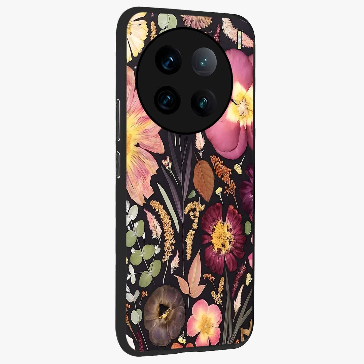 Petal Dream Tapestry Glass Case upright view showcasing detailed floral tapestry artwork with artistic nature theme.