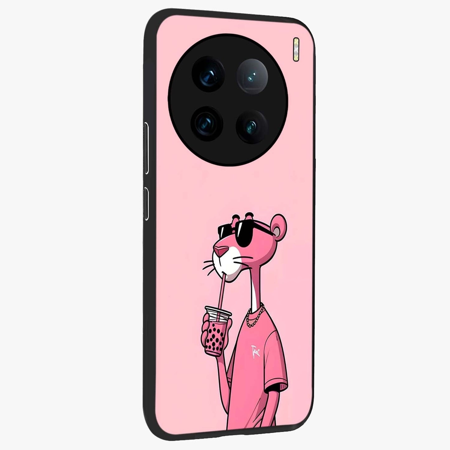 Pink Panther Glass Case upright view showcasing fun animated artwork with stylish retro cartoon theme.