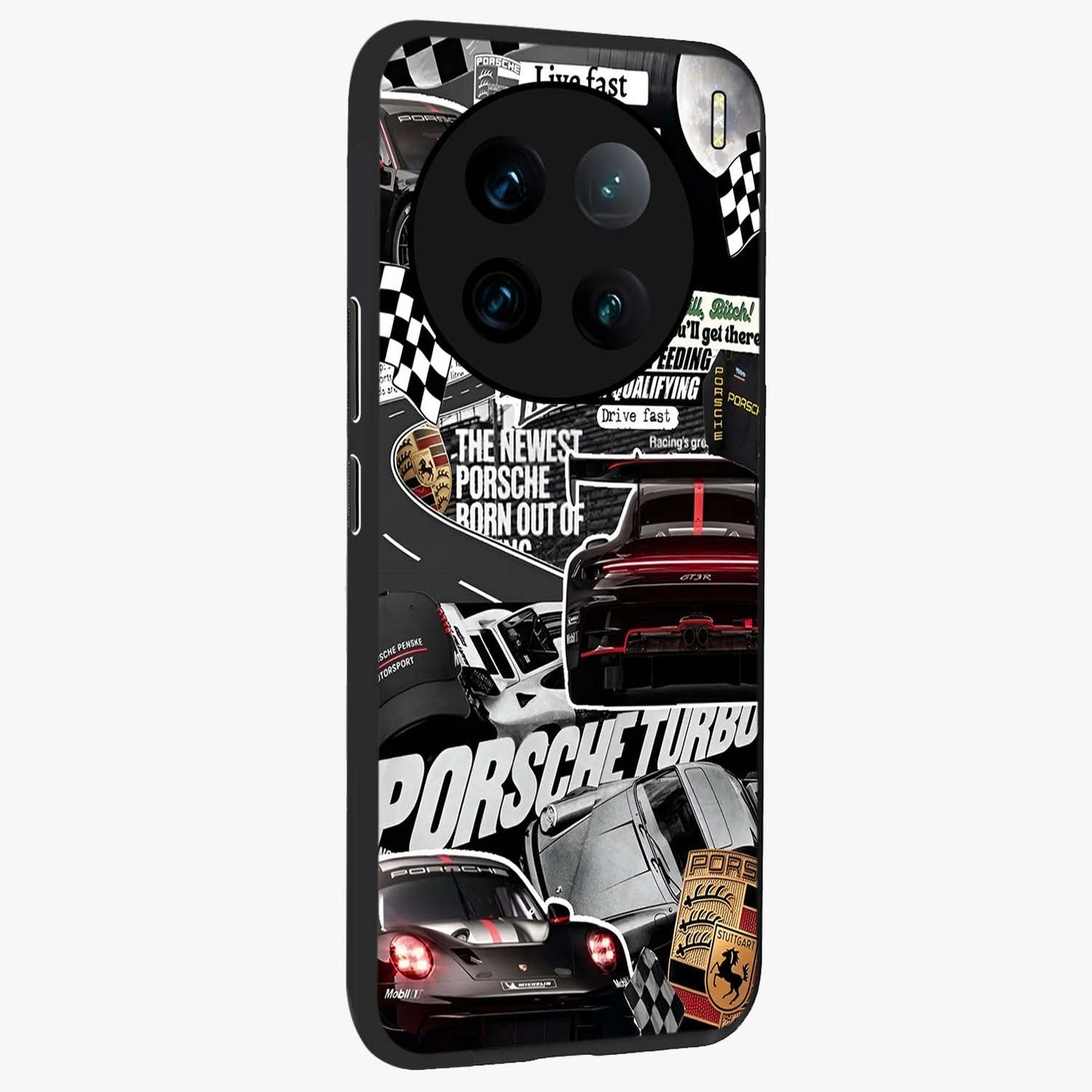 Porsche Racing Collage Glass Case upright view showcasing energetic car collage artwork with high speed racing theme.