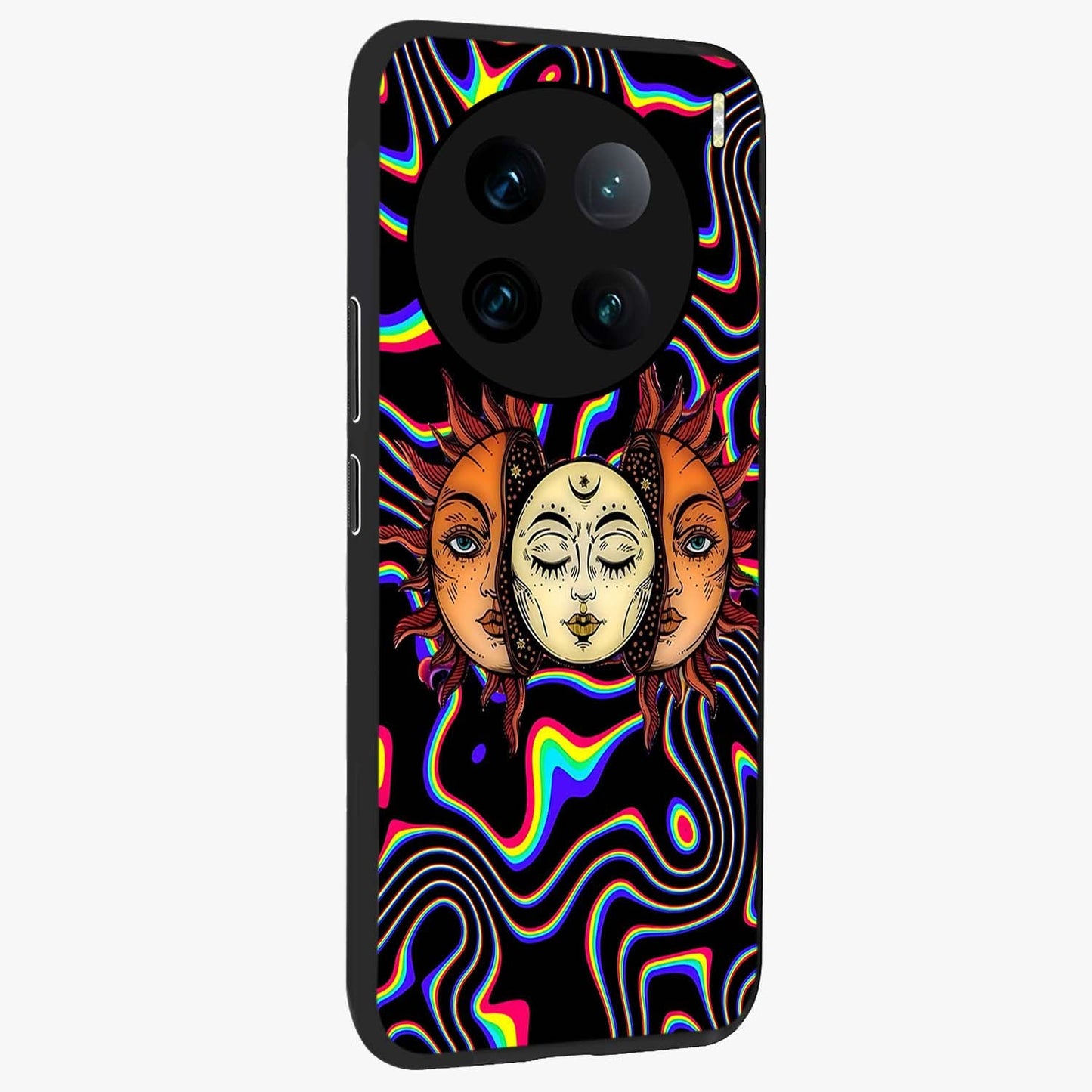 Psychedelic Sun Glass Case upright view showcasing trippy sun artwork with bold psychedelic theme.
