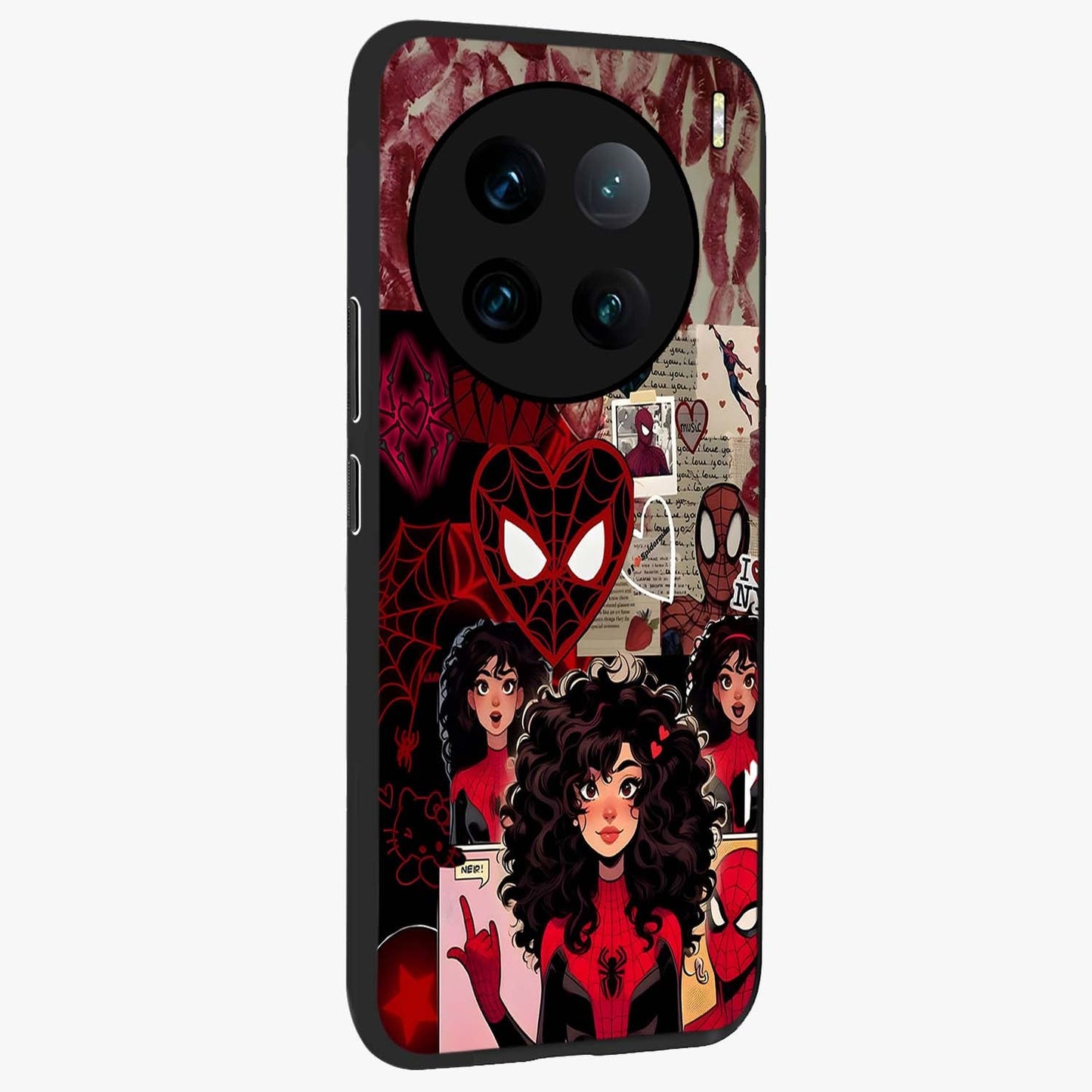 Spider Love Story Glass Case upright view showcasing charming superhero artwork with romantic comic theme.