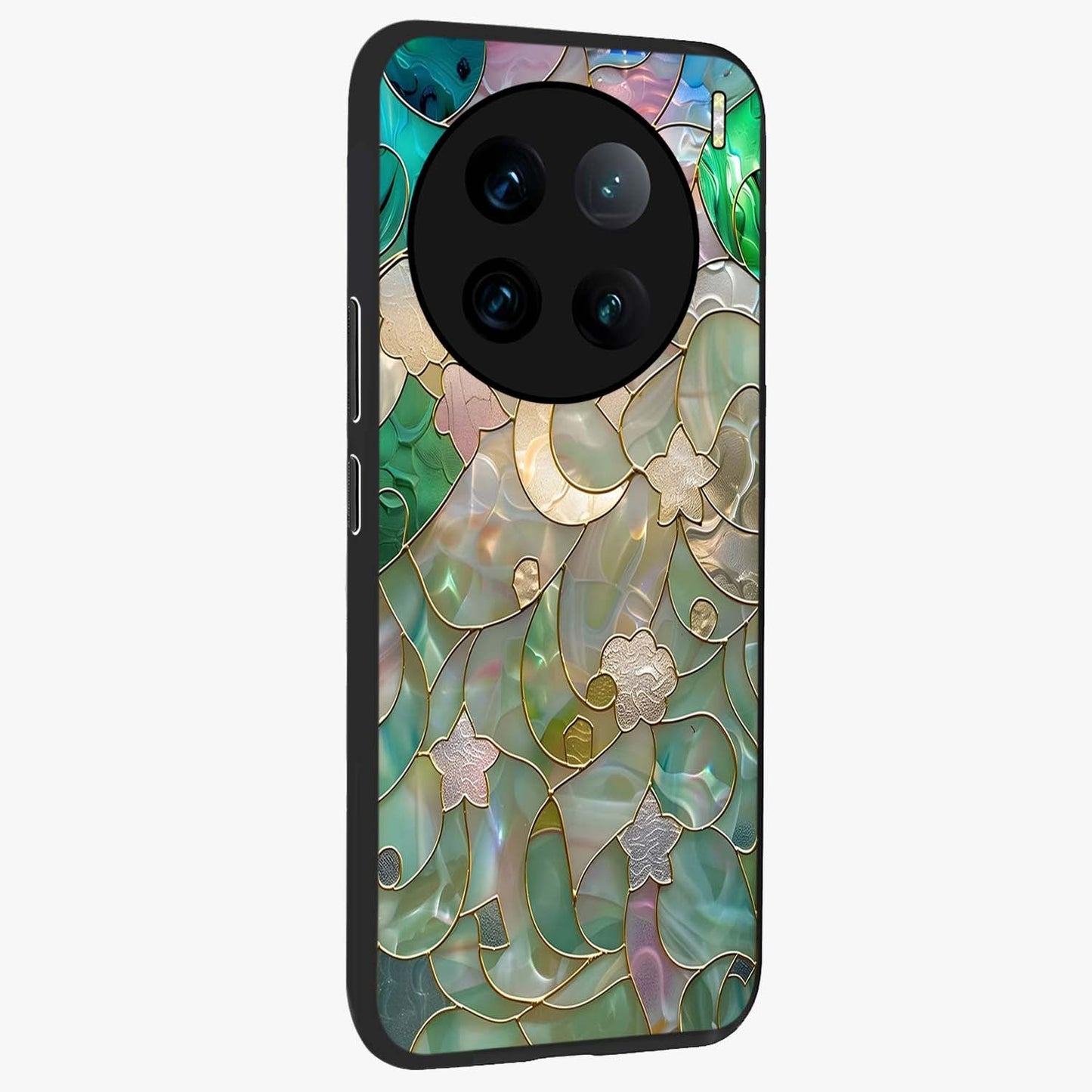Stained Sunrise Glow Glass Case upright view showcasing colorful sunrise artwork with warm morning theme.