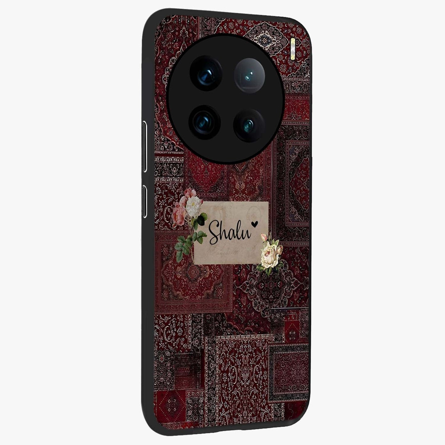Velvet Wine Pattern Custom Name Glass Case upright view showcasing luxurious wine toned artwork with personalized aesthetic.