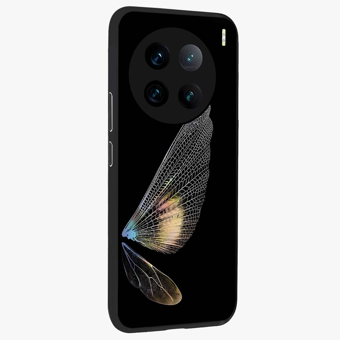 Whispers Of Wings Glass Case upright view showcasing elegant wing artwork with light airy theme.