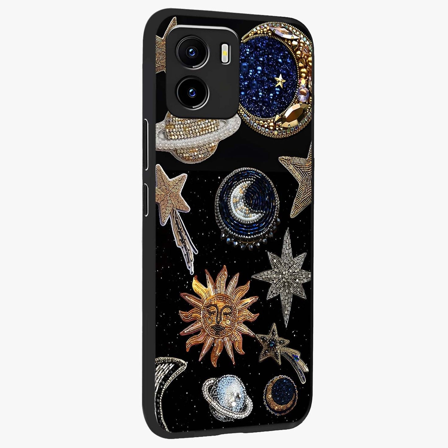 Celestial Gem Constellations Glass Case upright view showcasing cosmic constellation artwork with celestial aesthetic style.