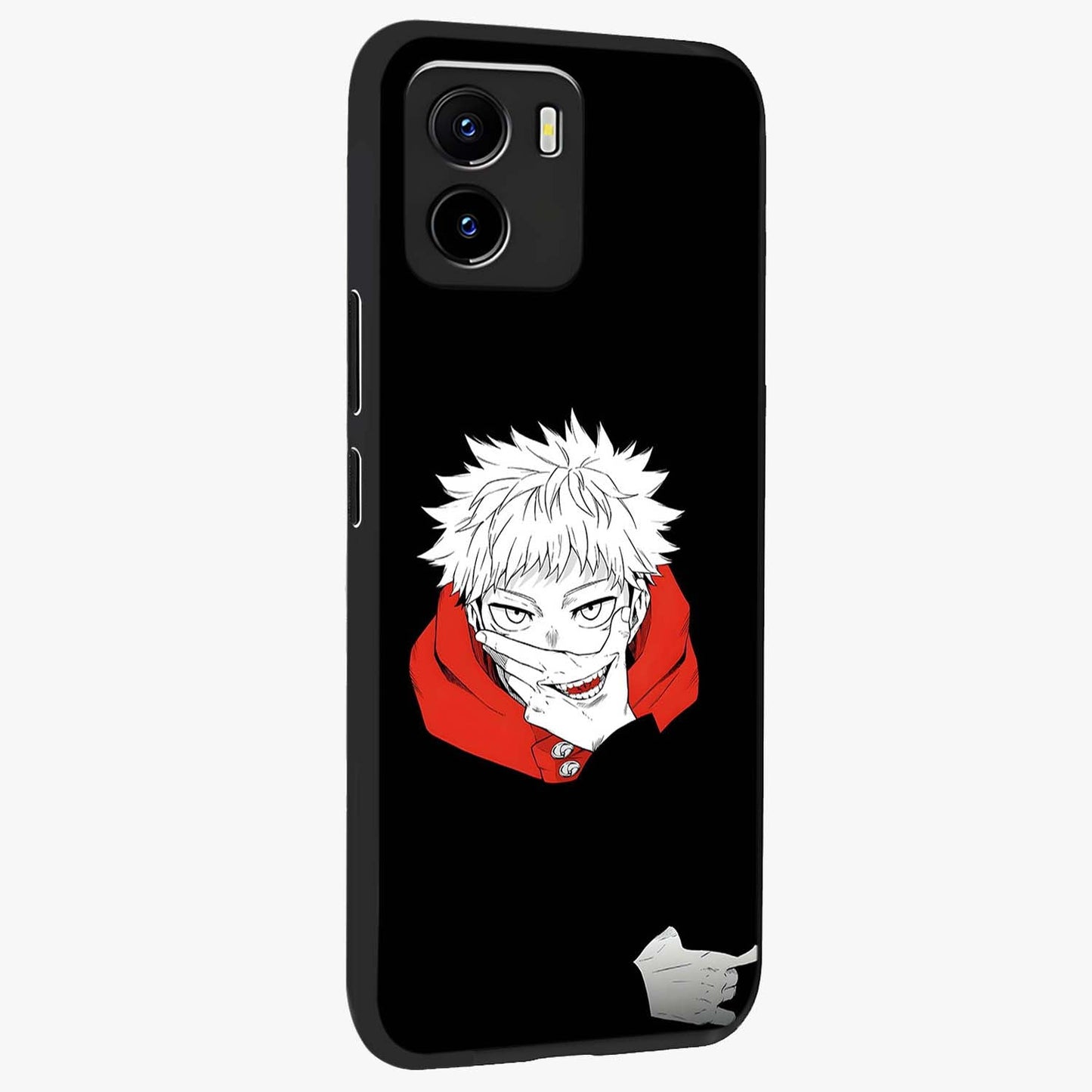 Crimson Chaos Smile Glass Case upright view showcasing expressive chaotic artwork with striking visual theme.