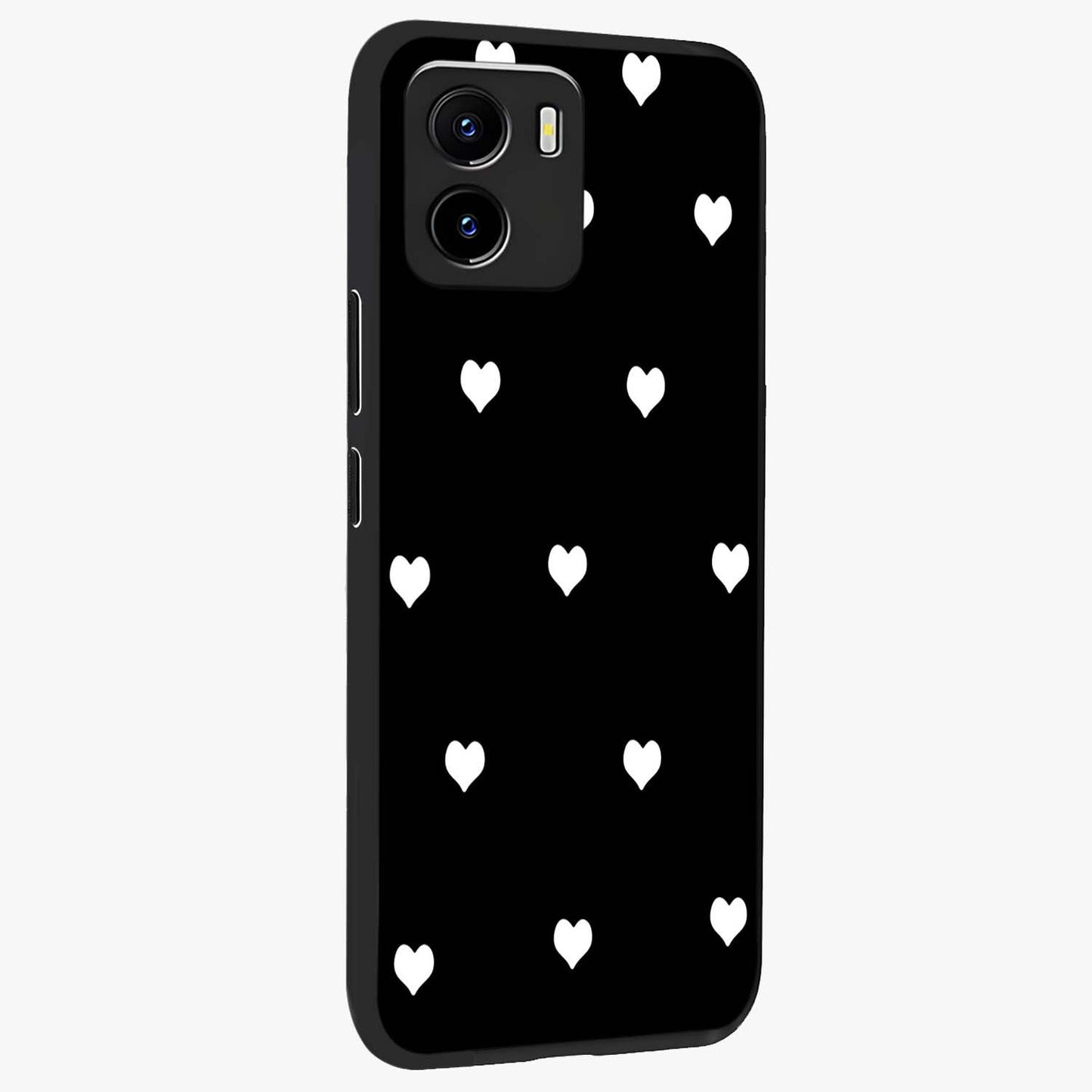 Cute And Simple White Hearts Glass Case upright view showcasing simple white hearts artwork with soft minimal theme.