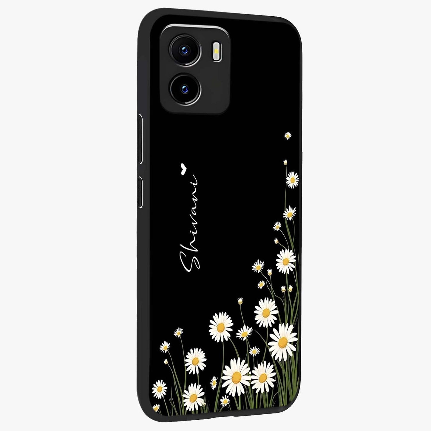 Daisy Cascade Custom Name Glass Case upright view showcasing elegant floral cascade design with personalized aesthetic.