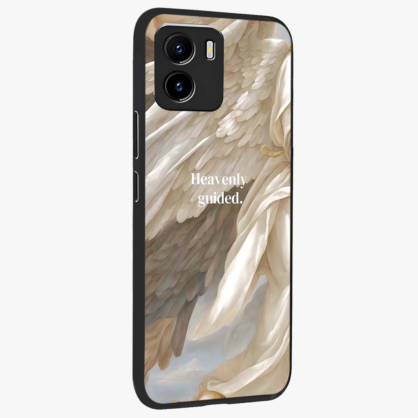 Divine Winged Grace Glass Case upright view showcasing spiritual wing artwork with soft celestial theme.