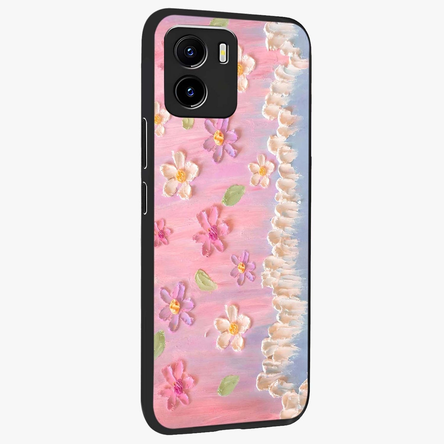 Dreamy Painted Garden Glass Case upright view showcasing vibrant floral garden artwork with artistic nature theme.