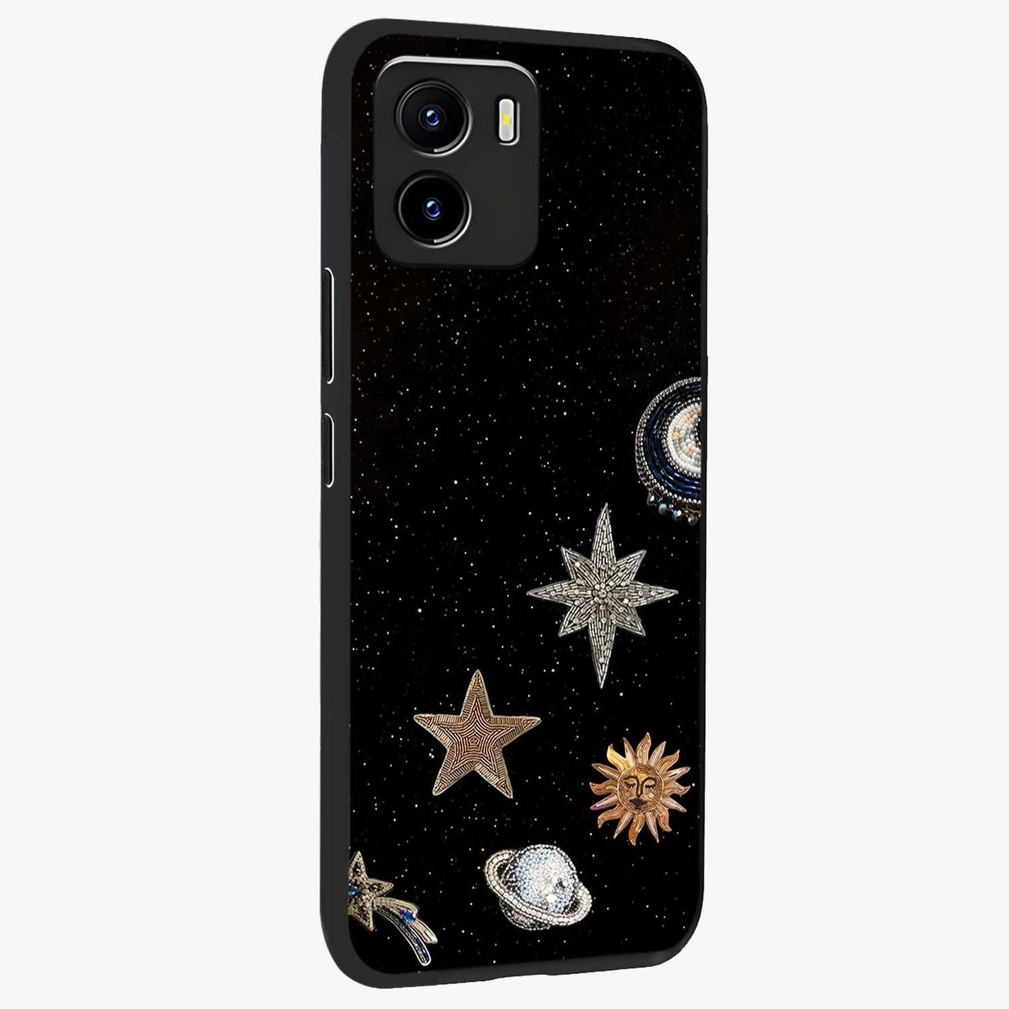 Galactic Charm Glow Glass Case upright view showcasing glowing cosmic charm artwork with magical celestial style.