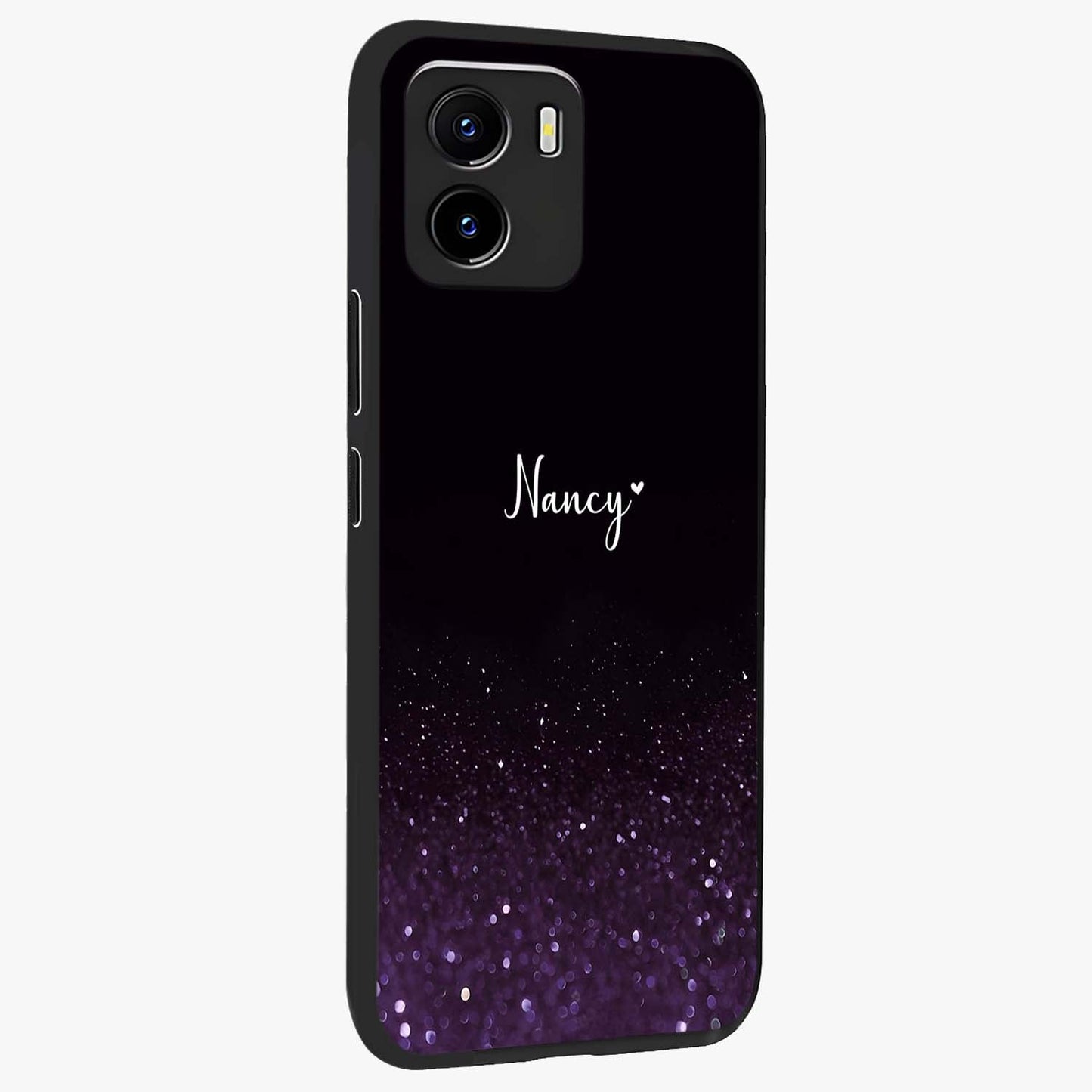 Glittery Purple Bokeh Custom Name Glass Case upright view showcasing vibrant purple sparkle artwork with personalized aesthetic style.