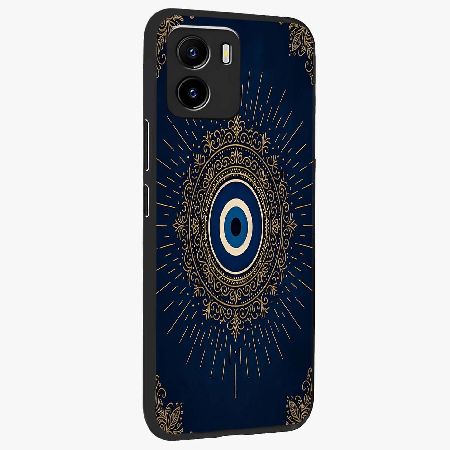 Golden Celestial Charm Glass Case upright view showcasing radiant celestial artwork with elegant golden theme.