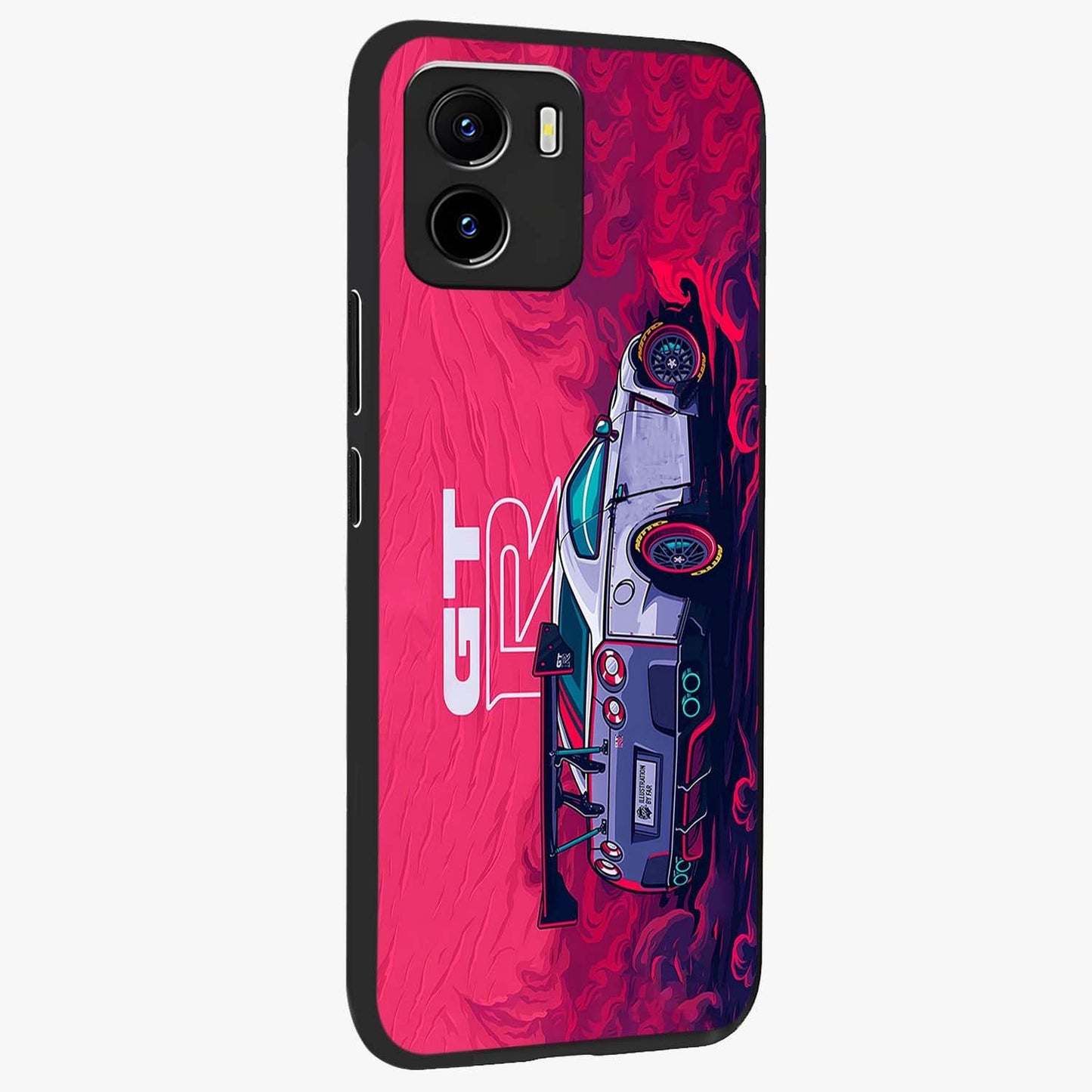 GT-R Car Pattern Glass Case upright view showcasing dynamic car pattern artwork with modern sports theme.