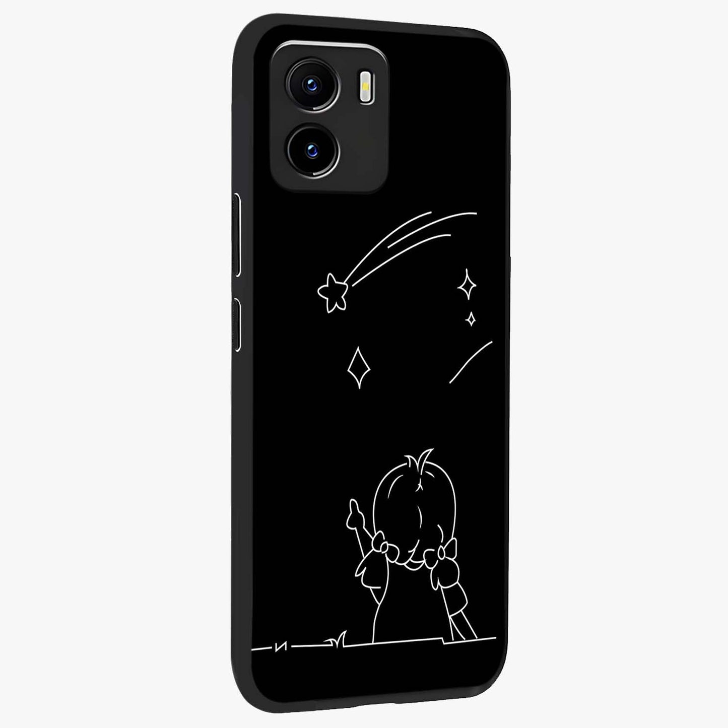 Line Art Girl With Shooting Stars Glass Case upright view showcasing delicate shooting stars artwork with minimal artistic theme.