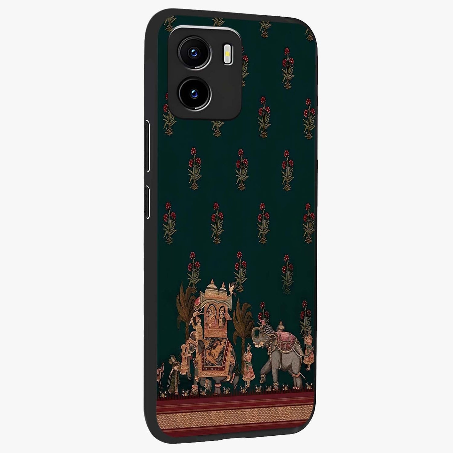 Macmerise Glass Case upright view showcasing bold artistic artwork with contemporary design theme.