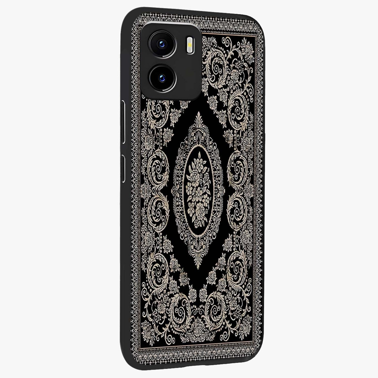 Noir Bloom Elegance Glass Case upright view showcasing graceful floral artwork with luxurious dark theme.