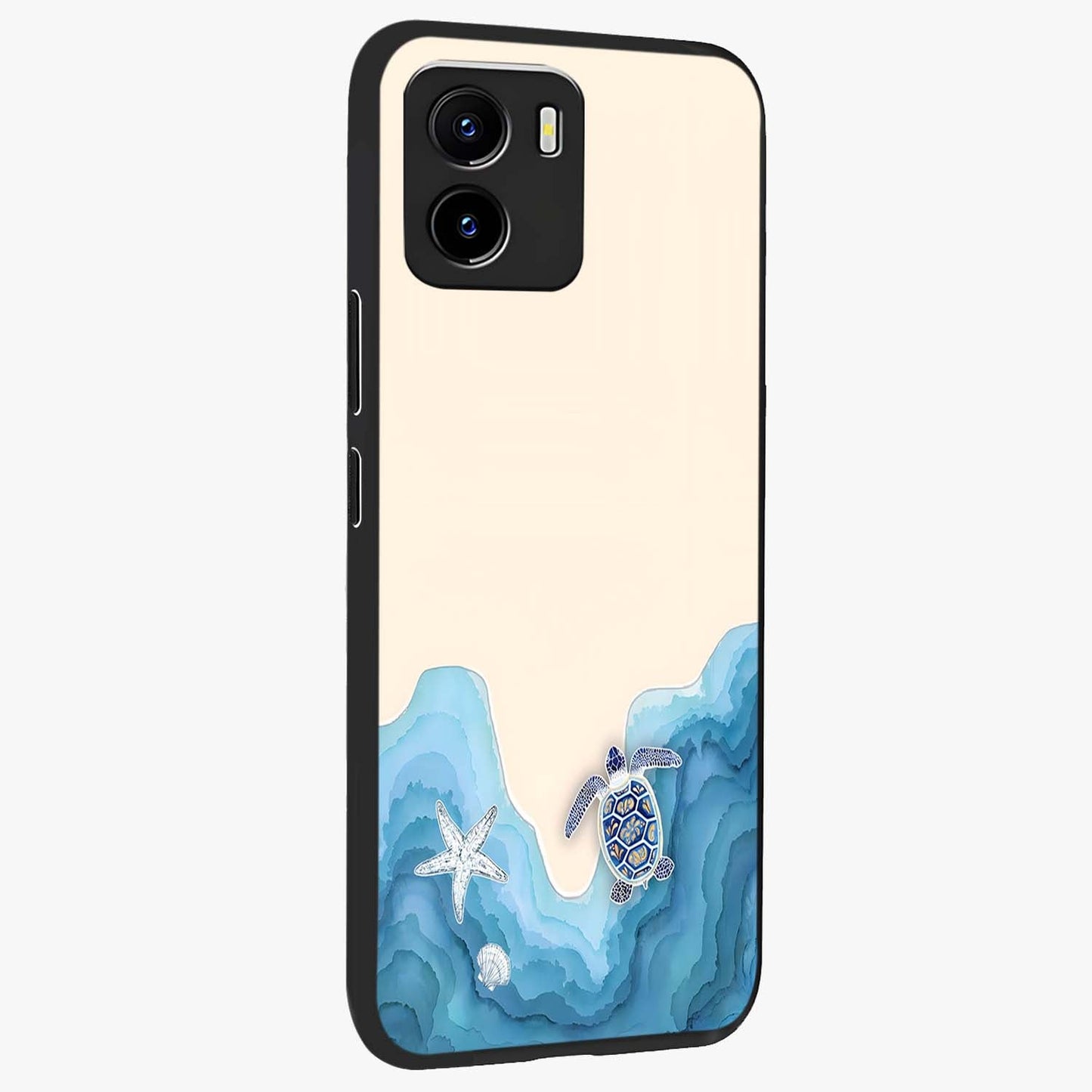 Ocean Drift Turtle Glass Case upright view showcasing calm underwater turtle artwork with nature inspired theme.