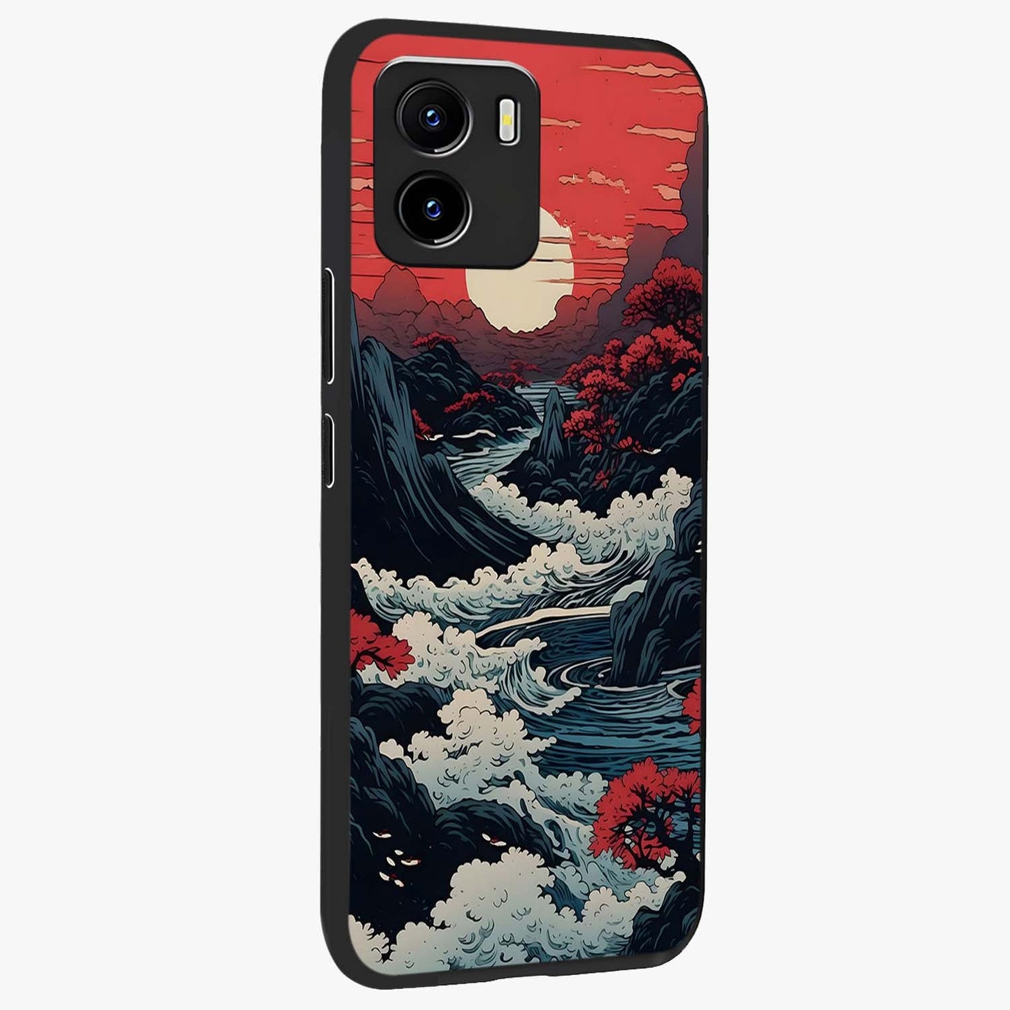 Red Sunset Scenery Glass Case upright view showcasing dramatic sunset scenery artwork with warm nature theme.
